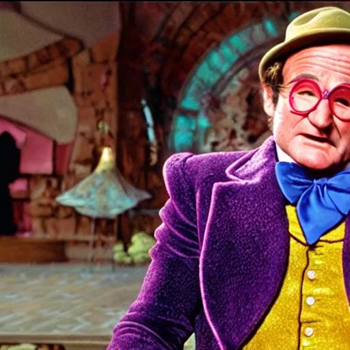 Image similar to stunning awe inspiring robin williams as willy wonka, movie still 8 k hdr atmospheric lighting