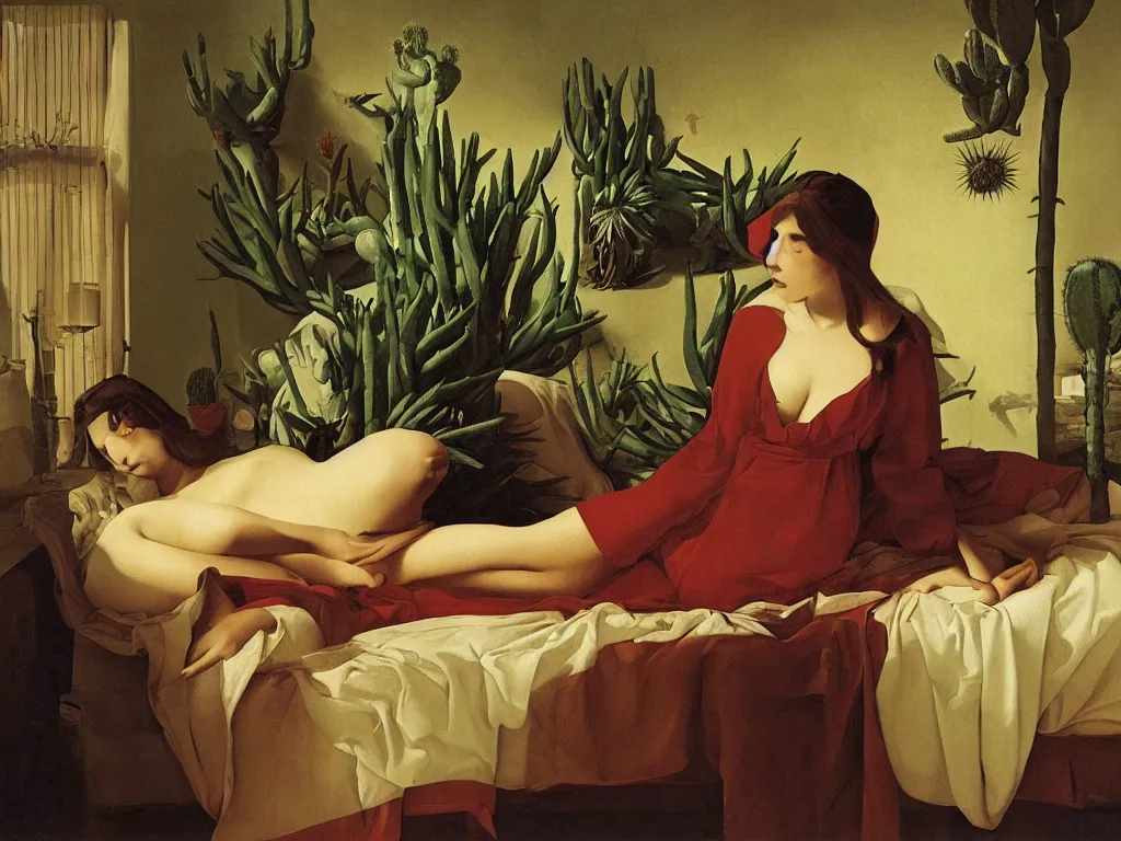 Image similar to Portrait of young woman sitting on the bed, with eyes closed, with strange surreal cacti and two large lizards. Painting by Georges de la Tour