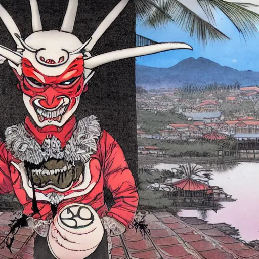 Prompt: A devious teen with a unique hannya mask by kim jung gi, lake in the background