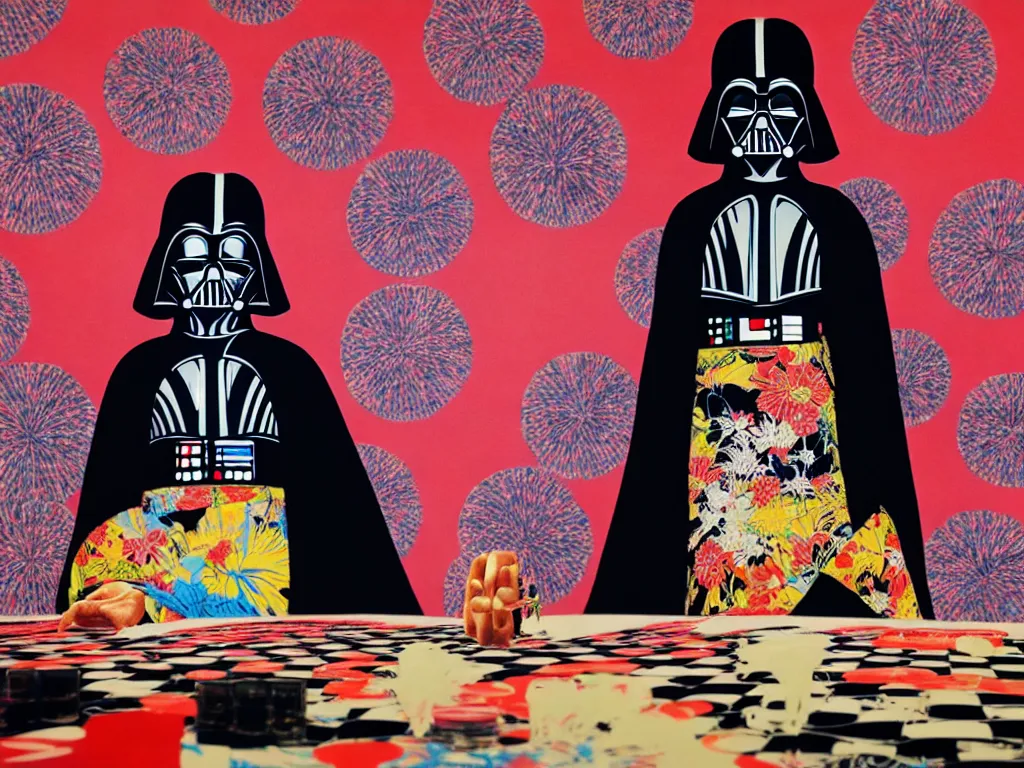 Prompt: hyperrealistic composition of the detailed woman in a japanese kimono sitting at a extremely detailed black jack table with hyperdetailed darth vader, fireworks, mountain fuji on the background, pop - art style, jacky tsai style, andy warhol style, acrylic on canvas