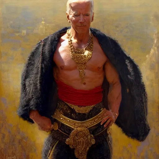 Image similar to detailed realistic cinematic wide shot of beautiful attractive muscular joe biden as roman empreror gold chain wearing royal red clothes slim face symettrical face clean skin black eyes black robe smooth, sharp focus, ultra realistic, spring light, painting by gaston bussiere, craig mullins, j. c. leyendecker