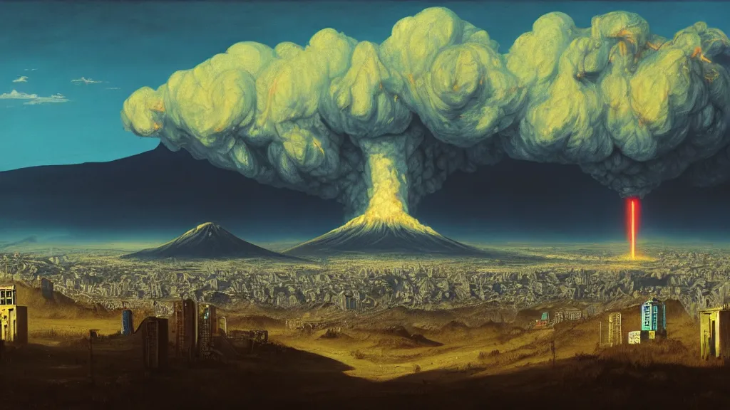 Prompt: Nuclear Fallout towering over the town of Quito by Simon Stålenhag and J.M.W. Turner, oil on canvas; Art Direction by Adam Adamowicz; 4K, 8K Ultra-Realistic Depth Shading