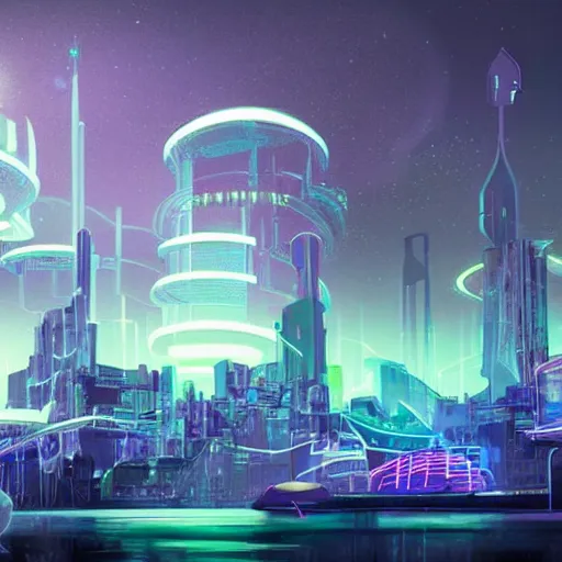 Prompt: Futuristic cityscape on a on a bioluminescent world