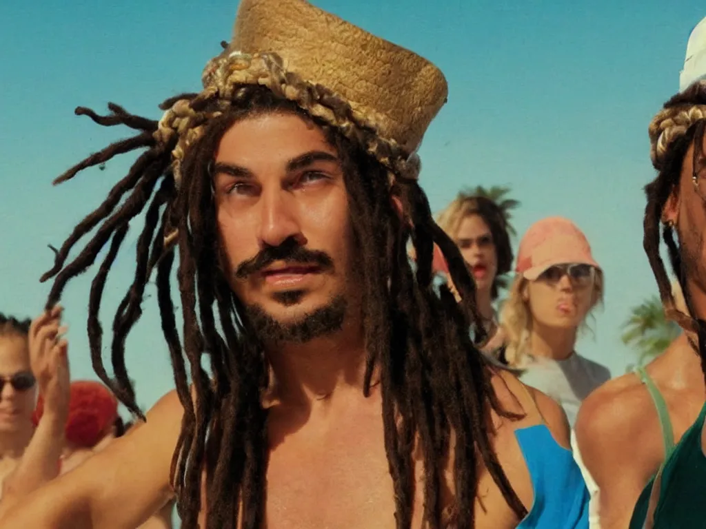 Prompt: Close up of Mario with dreads in a hat in Harmony Korine Spring Breakers film aesthetic!!! photorealistic