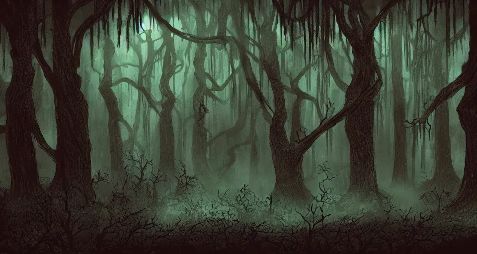 Prompt: A dense and dark enchanted forest with a swamp, from Cryptid Academia