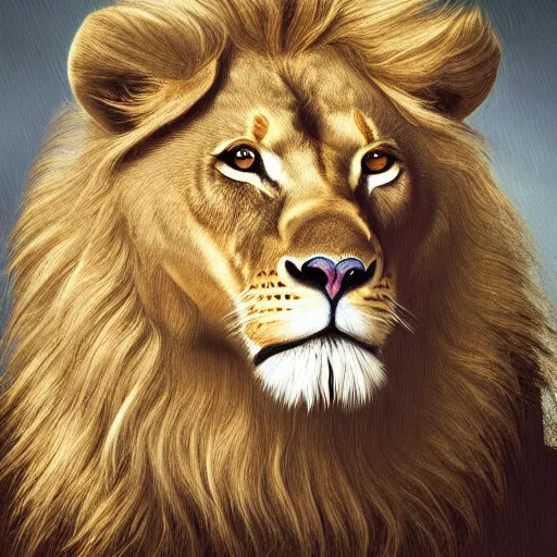 Image similar to A surrealistic and highly detailed painting of a lion with an angel's wing, digital painting, artstation, beautiful, majestic, highly realistic, by Ricardo Ow