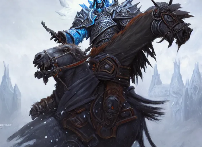 Prompt: lich king from world of warcraft, on a horse by greg rutkowski, detailed face, full body