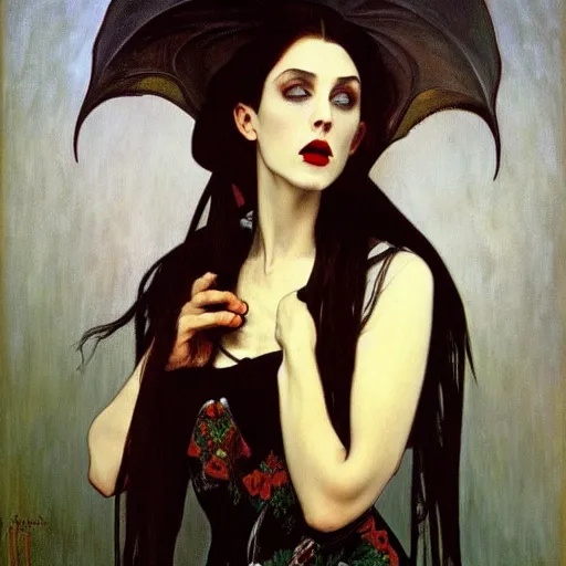 Image similar to A beautiful painting of a lady vampire, victorian, dracula, ominous, oil on canvas, photorealism, alphonse mucha, caravaggio, irwin penn, high definition, soft light