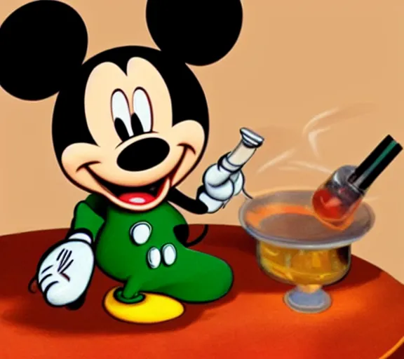 Prompt: Mickey Mouse smoking a weed joint in his apartment, stoned eyes, smoke, bongs on the table, highly detailed, amazing digital art, trending on artstation