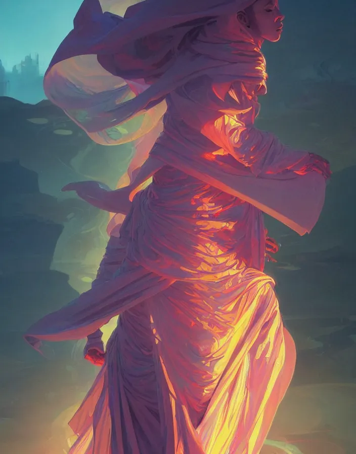 Image similar to a robot monk wearing a flowing cloak, vaporwave aesthetic, colorful, psychedelic, digital painting, artstation, concept art, smooth, sharp focus, illustration, art by artgerm and greg rutkowski and alphonse mucha