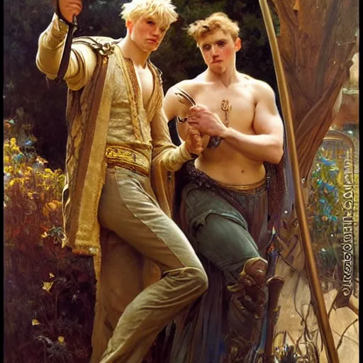 Image similar to manly arthur pendragon and manly merlin. focus on their faces. natural lighting. highly detailed painting by gaston bussiere, j. c. leyendecker, alphonse mucha, greg rutkowski, 8 k