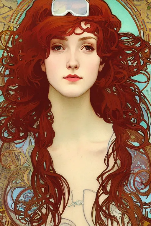 Prompt: a beautiful red hair woman with aviator sunglasses, long hair, wearing a bomber jacket, by Alphonse Mucha, by artgerm, rule of thirds, super detailed, 8k