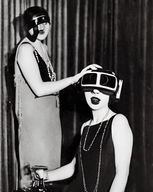 Image similar to 1 9 2 0 s photo of a flapper girl wearing a vr headset on a stage in a speakeasy