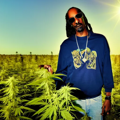 Prompt: a still of Snoop Dogg wearing sunglasses standing in a large field of Marijuana plants. Magic hour, backlit, lens flare, smoke in the air.
