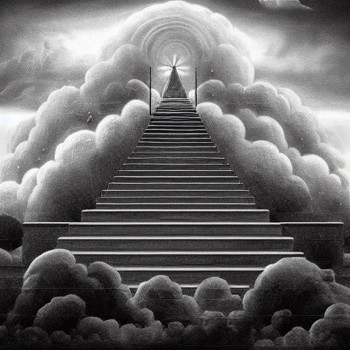 Image similar to A black and white freemasonic chequered surrealist digital painting of a stairway to into the clouds in the art style of jeff koons, Gilbert williams, Edwin Frederic Church and Christopher Balaskas, trending on artstation, 4k UHD