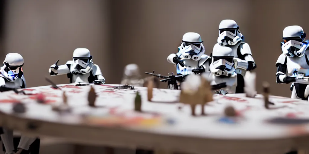 Image similar to closeup portrait of tin toy stormtroopers fighting on white paper table in an artist workshop, depth of field, zeiss lens, detailed, centered, fashion photoshoot, by nicoletta ceccoli, mark ryden, lostfish, breathtaking, 8 k resolution, extremely detailed, beautiful, establishing shot, artistic, hyperrealistic, octane render