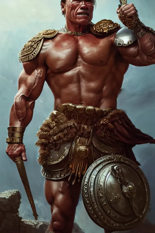 Prompt: old arnold schwarzenegger as a roman gladiator, fantasy, intricate, artstation, full body, concept art, smooth, sharp focus by huang guangjian and gil elvgren and sachin teng, 8 k