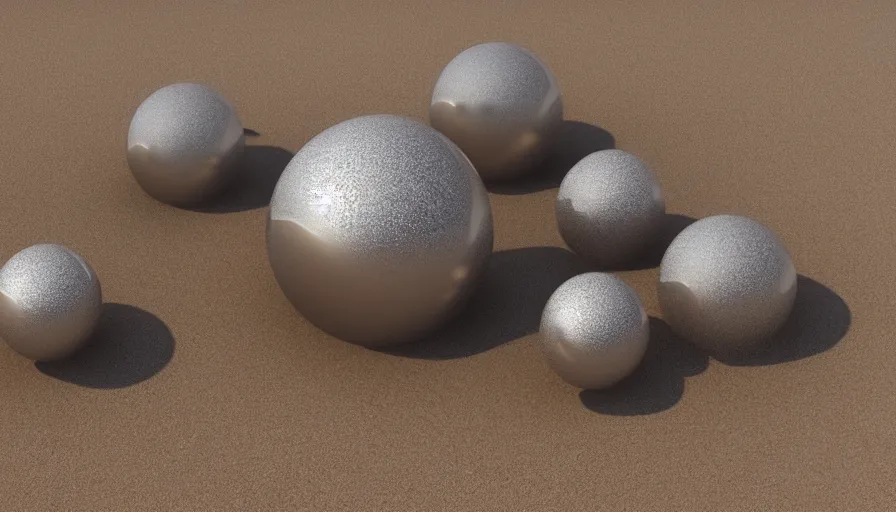 Image similar to metallic silver spheres in desert, sand dunes, heat wave, hyperdetailed, artstation, cgsociety, 8 k