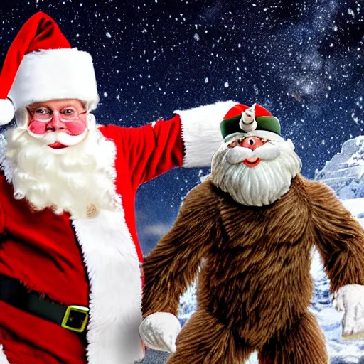 Prompt: a yeti with santas hat, night, snowy mountain