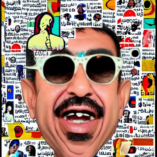 Image similar to omar souleyman in the style of daniel johnston and outsider art, collage with arabic advert text, 4k