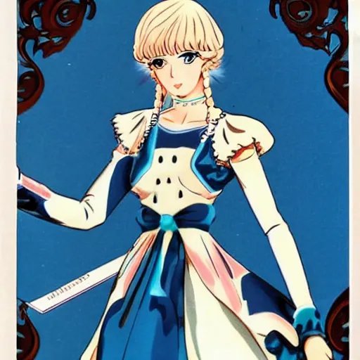 Image similar to Platinum-blonde-haired hime cut blue-eyed French empress, 1977 anime, retro anime style