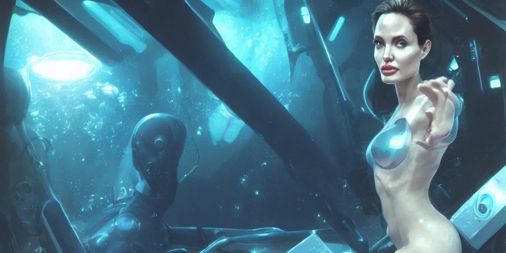 Image similar to Angelina jolie as a futuristic astronaut, underwater in the ocean at night, murky water, volumetric lighting, glowing lights, 4k, octane, digital painting, artstation, concept art, sharp focus, underwater photograph , art by artgerm and greg rutkowski and alphonse mucha , portrait,