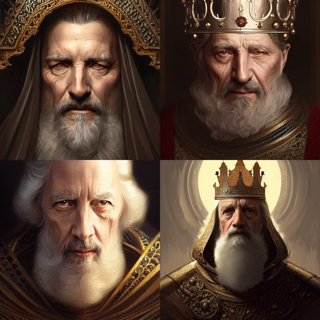 Prompt: portrait of a medieval old king, intricate, elegant, highly detailed, digital painting, artstation, concept art, smooth, sharp focus, illustration, art by artgerm and greg rutkowski, 8 k