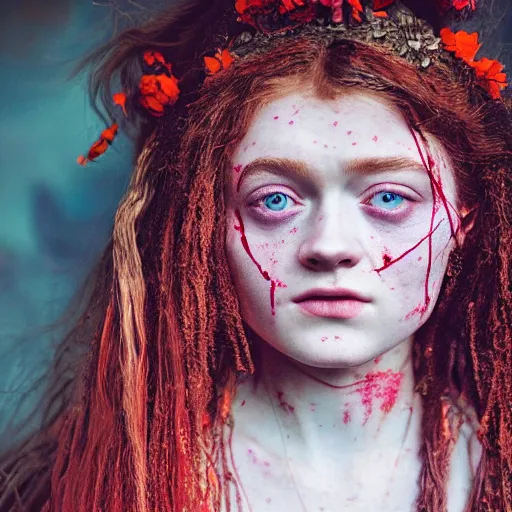 Image similar to 3 5 mm coloured film portrait of sadie sink as aghori sadhu covered in ash creature, hyperrealism, celestial red flowers vibe, photorealistic, detailed, atmospheric, 8 k, award winning photography, cinematic