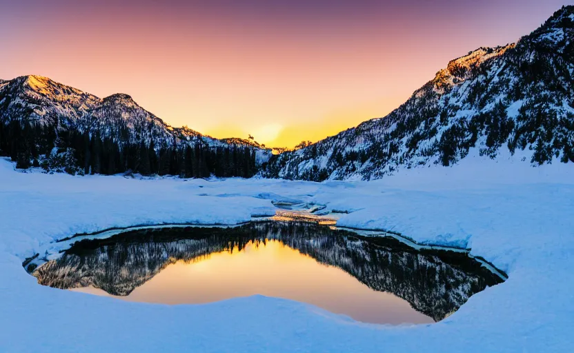 Prompt: professional photo of a snow topped mountain lit by the sunset, pond of lily, realistic