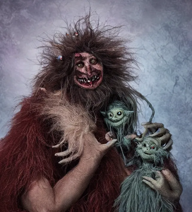 Prompt: hyper realistic photography of hairy fluffy muppet show horror nightmare cultist elf goblin monster with long arms, real teeth, glass beads clay amulets, full body, cinematic symmetric dark _ crystal, brian froud, alan lee, jean baptiste monge, scott radke