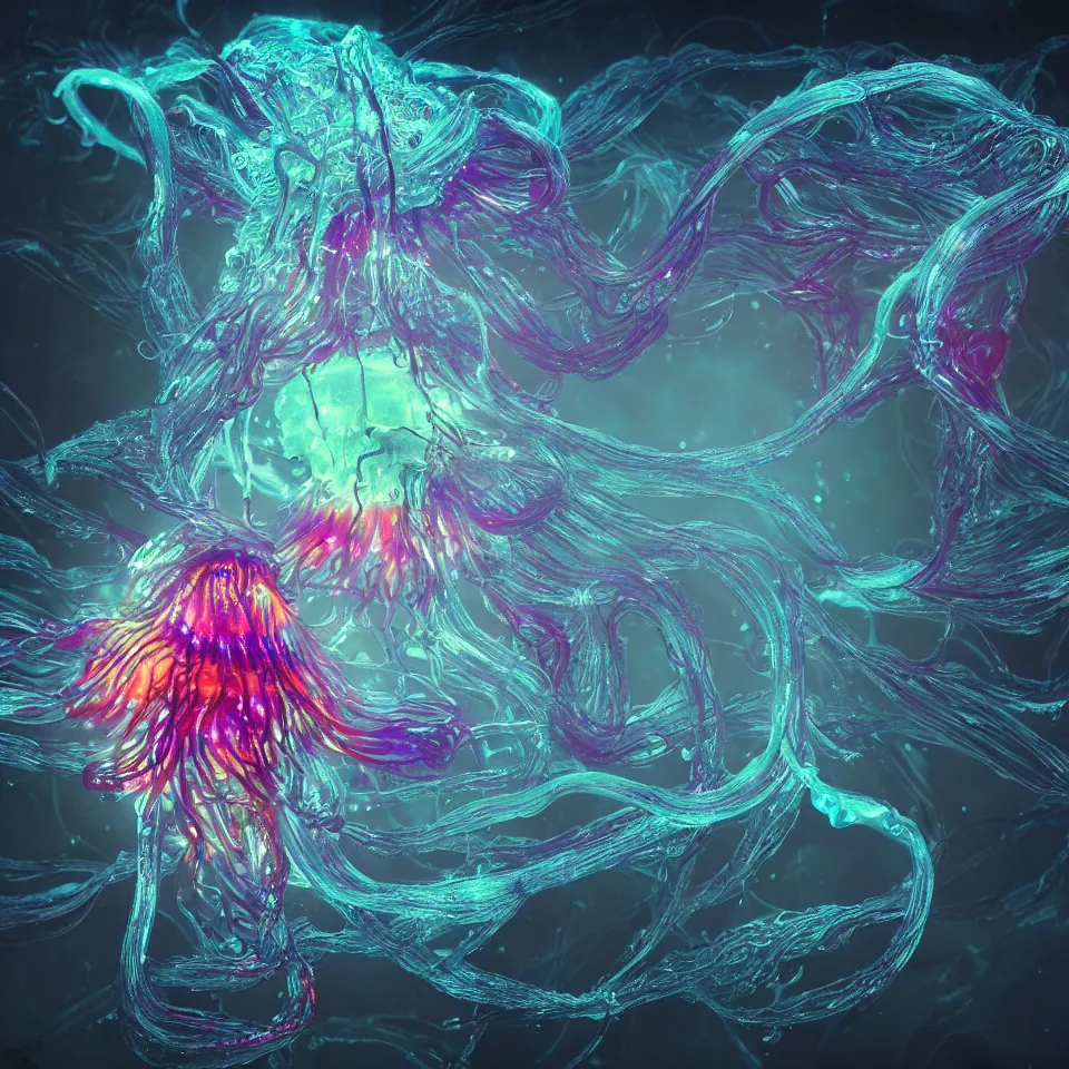 Prompt: a beautiful exquisite hyper detailed rendering of a bioluminescent jellyfish with flowing tendrils by kelogs loops and lumi and chihuily, vivid deep colors, scifi, realistic, octane render, vray render,