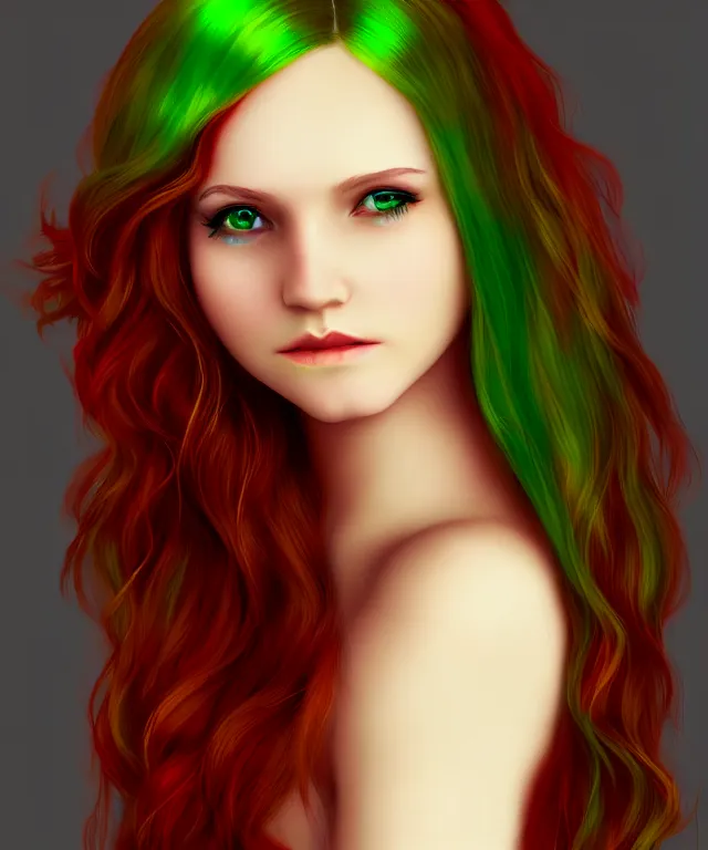 Image similar to Fae teenage girl, portrait, face, long red hair, green highlights, fantasy, intricate, elegant