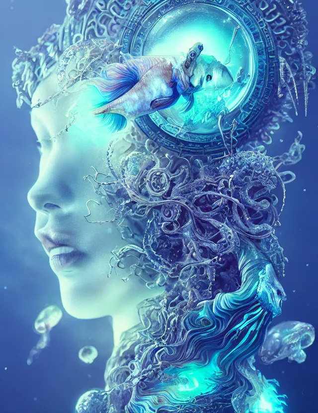 Image similar to goddess macro close - up portrait in crown made of ram skull. betta fish, jellyfish phoenix, bioluminiscent, plasma, ice, water, wind, creature, super intricate ornaments artwork by tooth wu and wlop and beeple and greg rutkowski