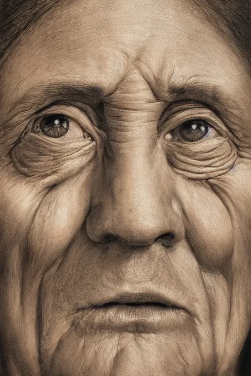Image similar to hyperrealism close-up portrait a face divided in half into young and old in style of da Vinci