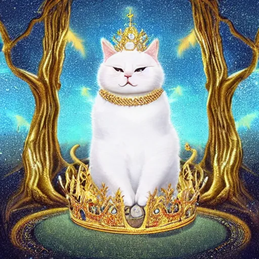 Prompt: Cat deity, fat figure,Cute, elegant, furry, white, gold, warm, wearing a crown, bracelets and necklaces, red carpet, figure, realistic, hair detailing, background is heavenly,wonderland at night, The light in the deep forest full of mythical creatures of the picture, according to European art, Golden Sacred Tree, Golden Apple, Flower Garden,Hyper realistic render. Den noise. Volumetric Lighting. Dynamitc Lighting. Unreal Engine. octane. Hyper Cinematic lighting. 21:9