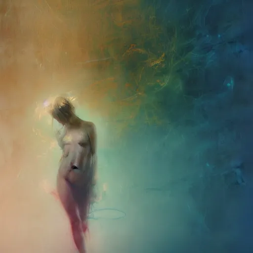 Image similar to resonant frequency by cy Twombly and BASTIEN LECOUFFE DEHARME, colorful, iridescent, volumetric lighting, abstract