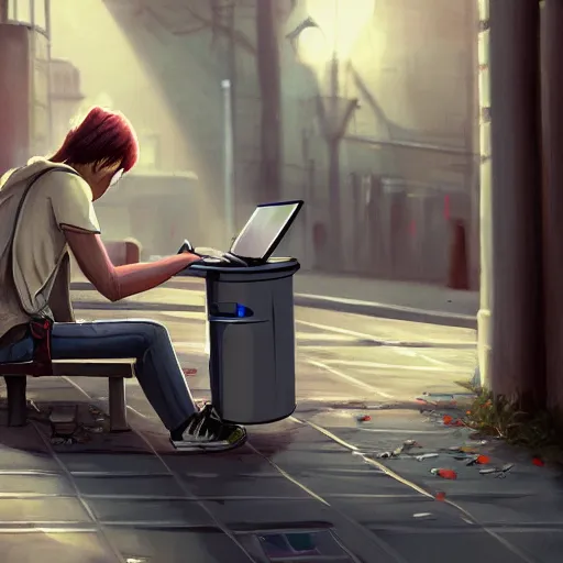 Image similar to a bum using laptop near trashcans, concept art, trending on artstation, highly detailed, intricate, sharp focus, digital art, 8 k