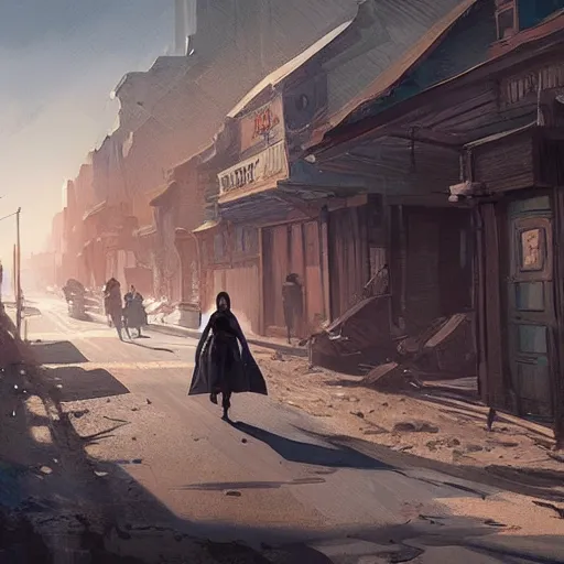 Image similar to old west concept art by greg rutkowski, high noon with supergirl walking through a desolate town with broken down shops and a saloon, enigmatic atmosphere, beautiful and cinematic lighting, artstation hq.