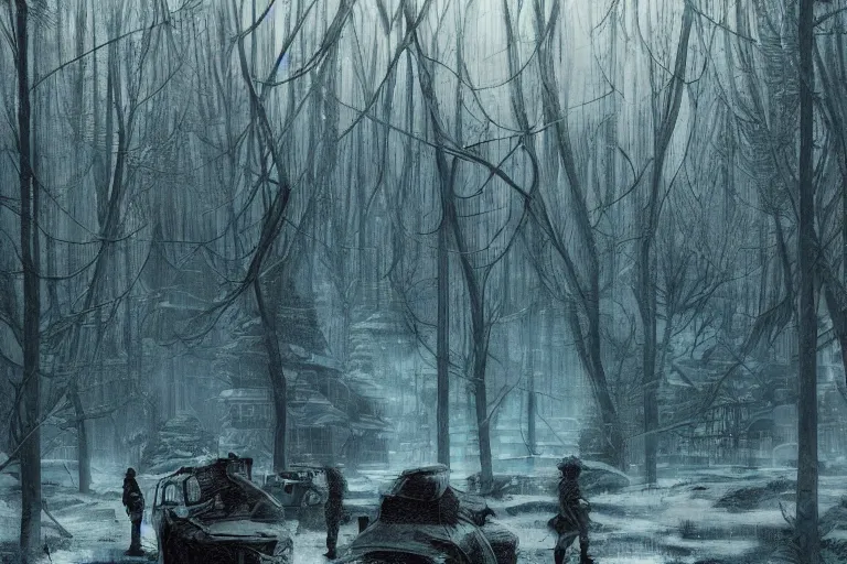 Prompt: A forest enveloped in ice, winter season, moody scene, highly detailed, intricate, sharp details, dystopian mood, by Victo ngai, David Rubín, Mike Mignola, Laurie Greasley, gaston bussiere, craig mullins, somber lighting, drawn by Giacomo Burattini, inspired by graphic novel cover art, 8k by RHADS