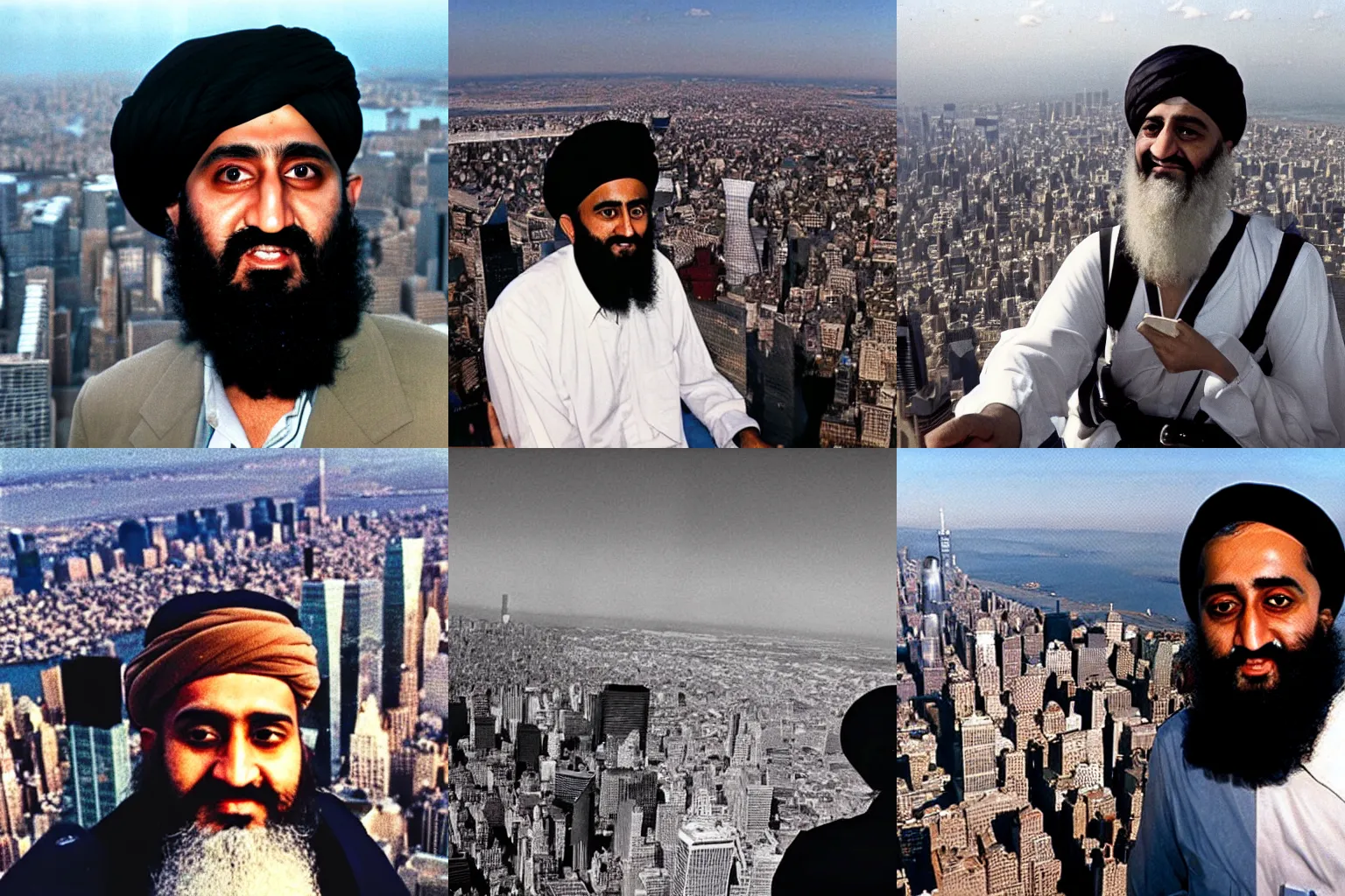 Prompt: a front camera picture of Osama Bin Laden from the top of the empire state building 1990 with the twin towers in the background