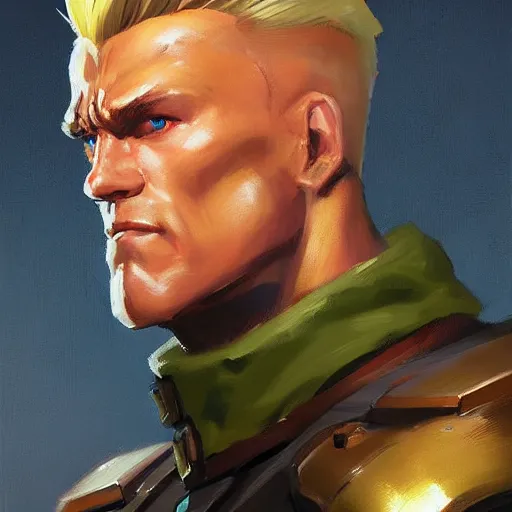 Prompt: greg manchess portrait painting of partially armored guile from street fighter as overwatch character, medium shot, asymmetrical, profile picture, organic painting, sunny day, matte painting, bold shapes, hard edges, street art, trending on artstation, by huang guangjian and gil elvgren and gerald brom