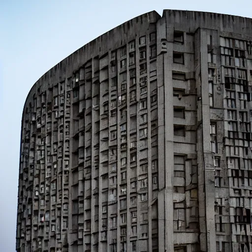 Image similar to a wide shot of a soviet beautiful brutalist monumental multi - building complex, with many rounded elements sprouting from the base tower creating a feel of an organic structure, photography shot at blue hour