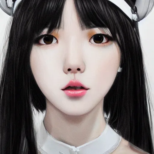 Image similar to realistic detailed semirealism beautiful gorgeous natural cute Blackpink Lalisa Manoban black hair black cat ears, wearing white camisole outfit, headphones, black leather choker artwork drawn full HD 4K high resolution quality artstyle professional artists WLOP, Aztodio, Taejune Kim, Guweiz, Pixiv, Instagram, Artstation