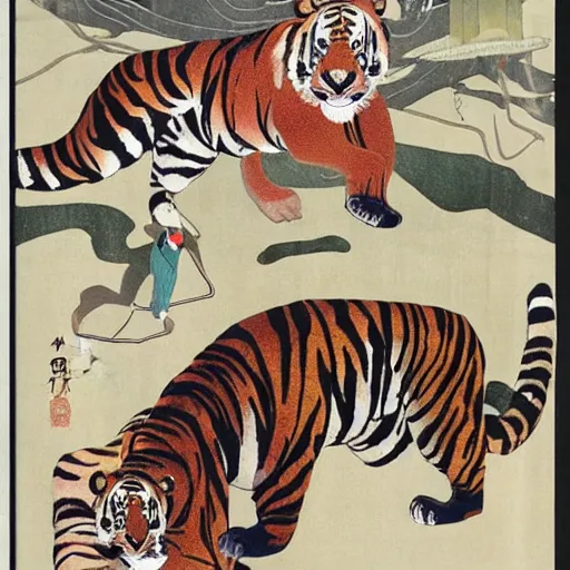 Image similar to a delorean protecting a tiger, japanese magazine collage, art by hsiao - ron cheng and utagawa kunisada