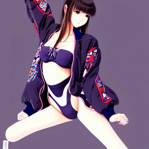 Image similar to a beautiful japanese lalisa alluring gravure model, wearing oversized designer bomber jacket and leotard, bulky poofy bomber jacket with mesoamerican patterns, mesoamerican native street fashion, gapmoe yandere grimdark, trending on pixiv fanbox, painted by greg rutkowski makoto shinkai takashi takeuchi studio ghibli, akihiko yoshida