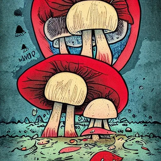 Prompt: a happy mushroom family by tim doyle and anna dittmann, macabre | creepy