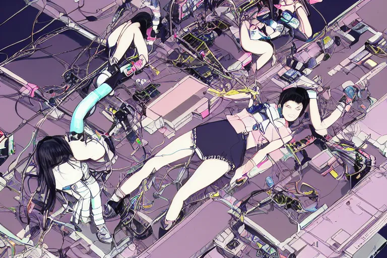 Image similar to a cyberpunk illustration of a group of four coherent cutely dressed female androids in style of masamune shirow, lying scattered across an empty, white floor with their bodies rotated in different poses and cables and wires coming out, by yukito kishiro and katsuhiro otomo, hyper-detailed, intricate, view from above, colorful