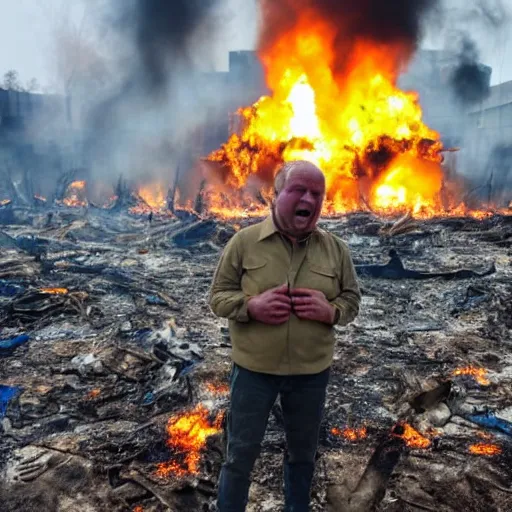 Image similar to , funny and frightened ukrainian burned to bones bleeding in dirty yellow and blue rags on the background of a huge nuclear explosion selfie 2 0 2 2