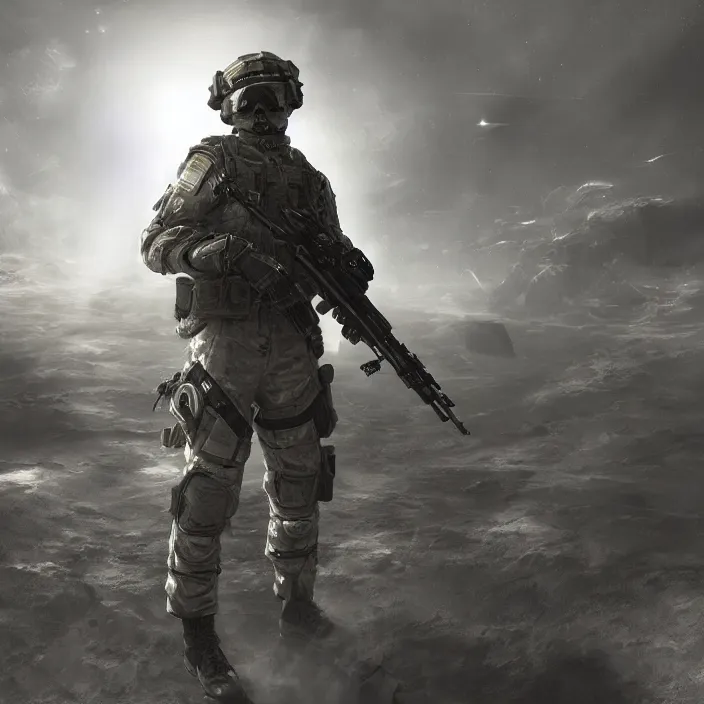 Image similar to call of duty ghost soldier looking out into the vastness of space, digital art