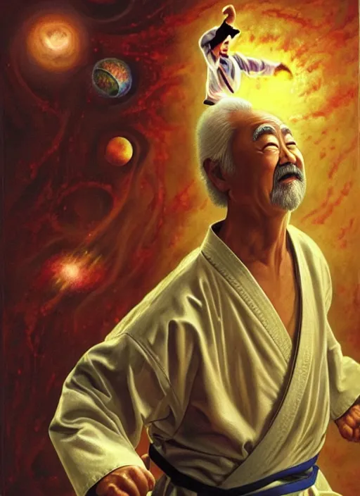 Prompt: pat morita teaching karate to jim carrey, cosmic horror painting, elegant intricate digital painting artstation concept art by mark brooks and brad kunkle detailed